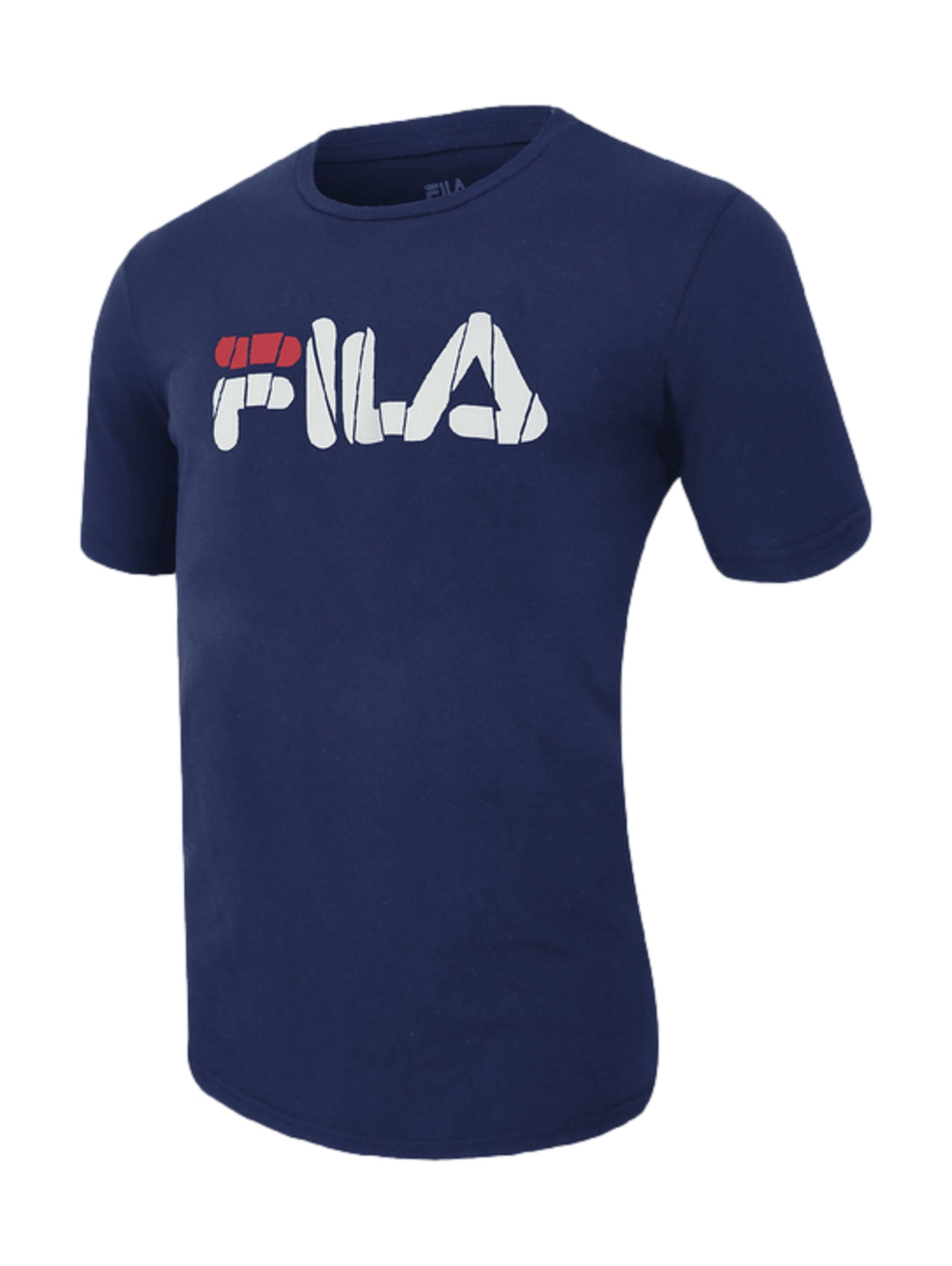 Playera FILA color azul marino con logotipo blanco y rojo en el pecho, cuello redondo y manga corta.