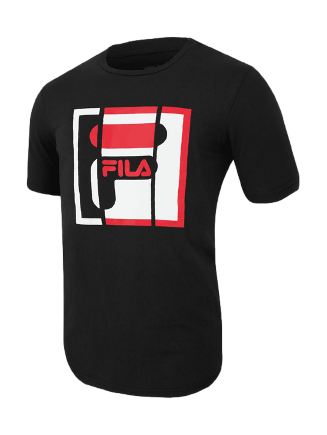 Playera FILA color negro con logotipo grande en blanco y rojo en el pecho.