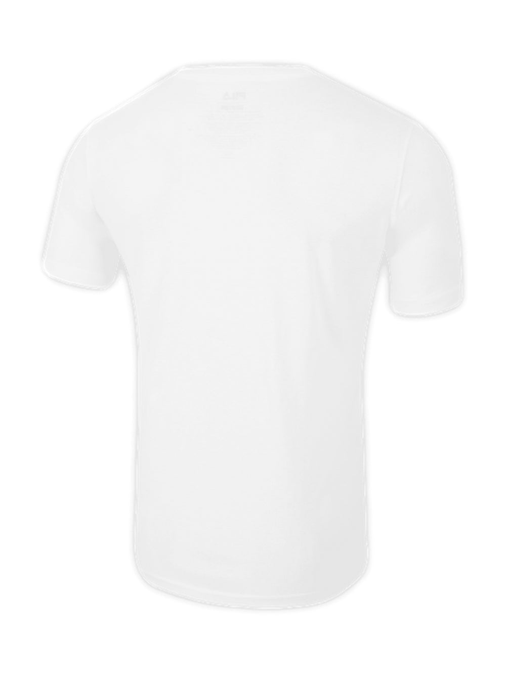 Playera blanca de manga corta marca FILA con logotipo grande en el pecho en colores azul y rojo.