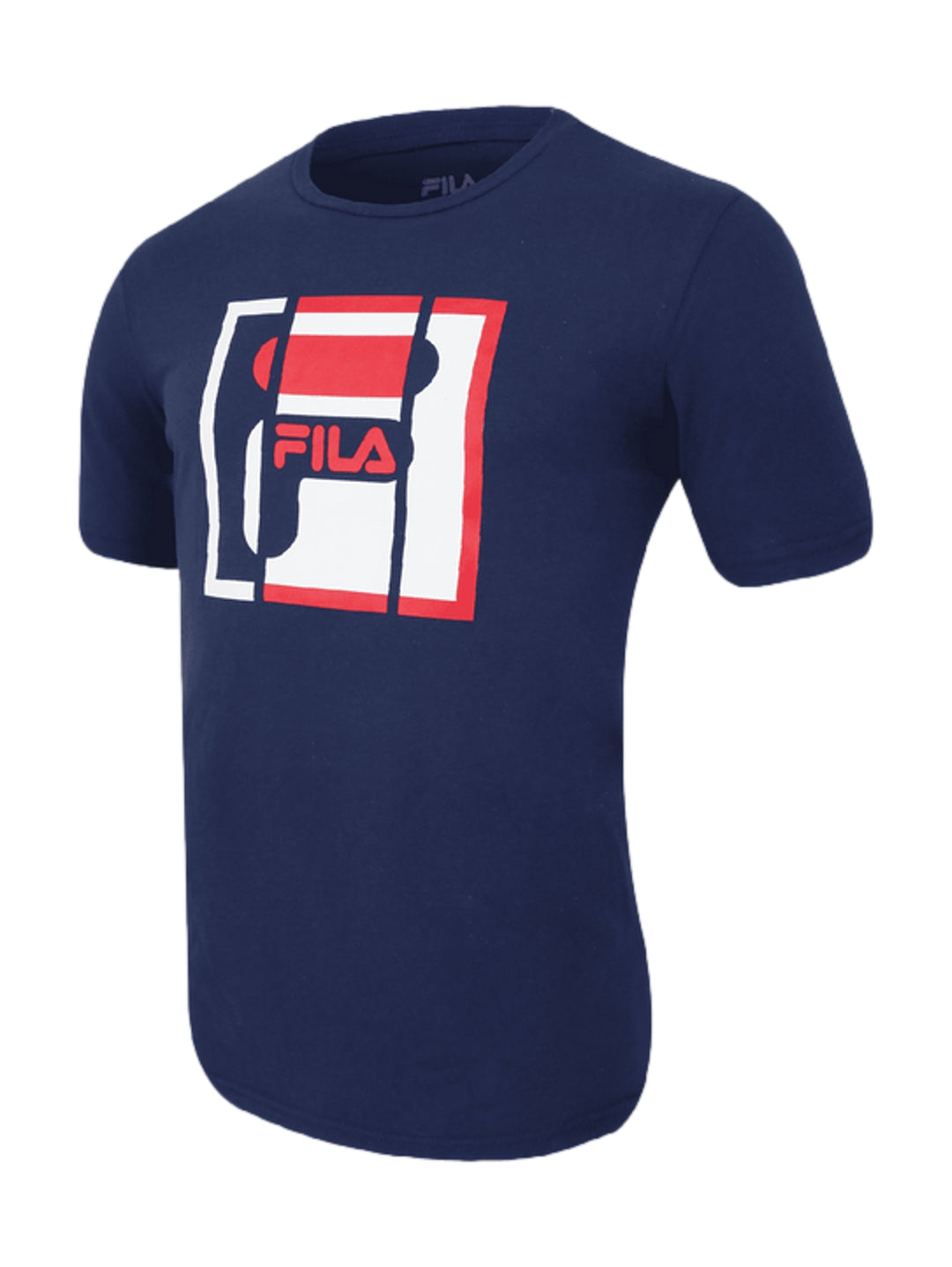 Playera FILA color navy con logotipo grande en blanco y rojo en el pecho.