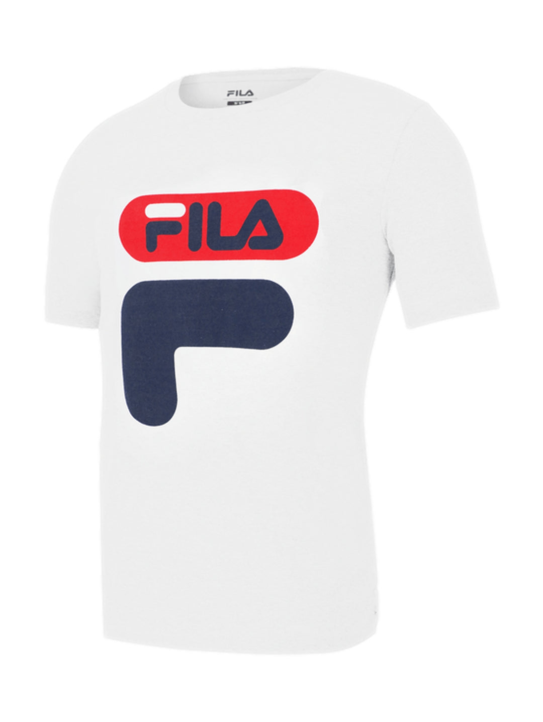 Playera FILA blanca de manga corta con logotipo grande en rojo y azul marino en el pecho.