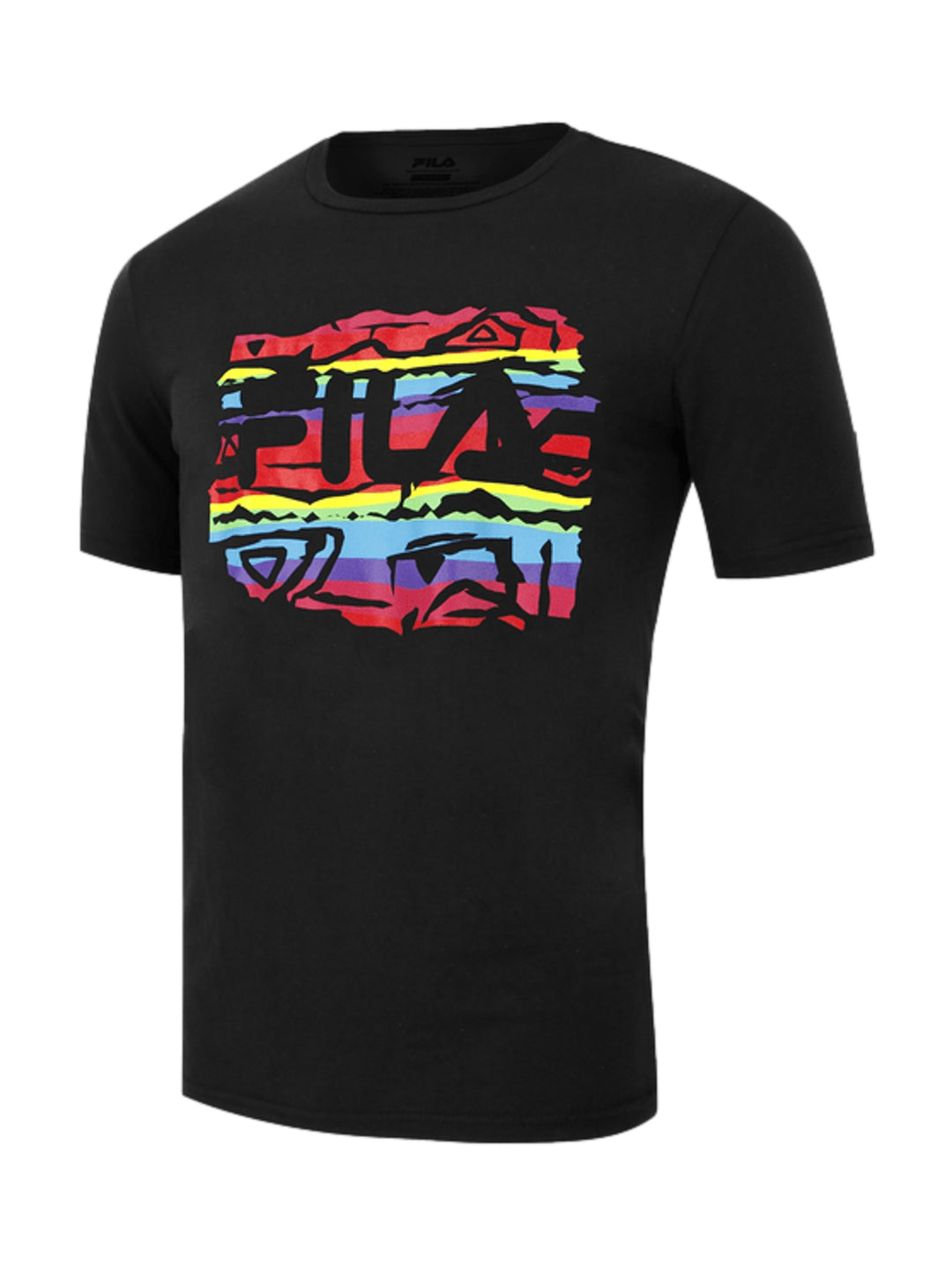 Playera FILA negra de manga corta con estampado gráfico multicolor en el pecho.