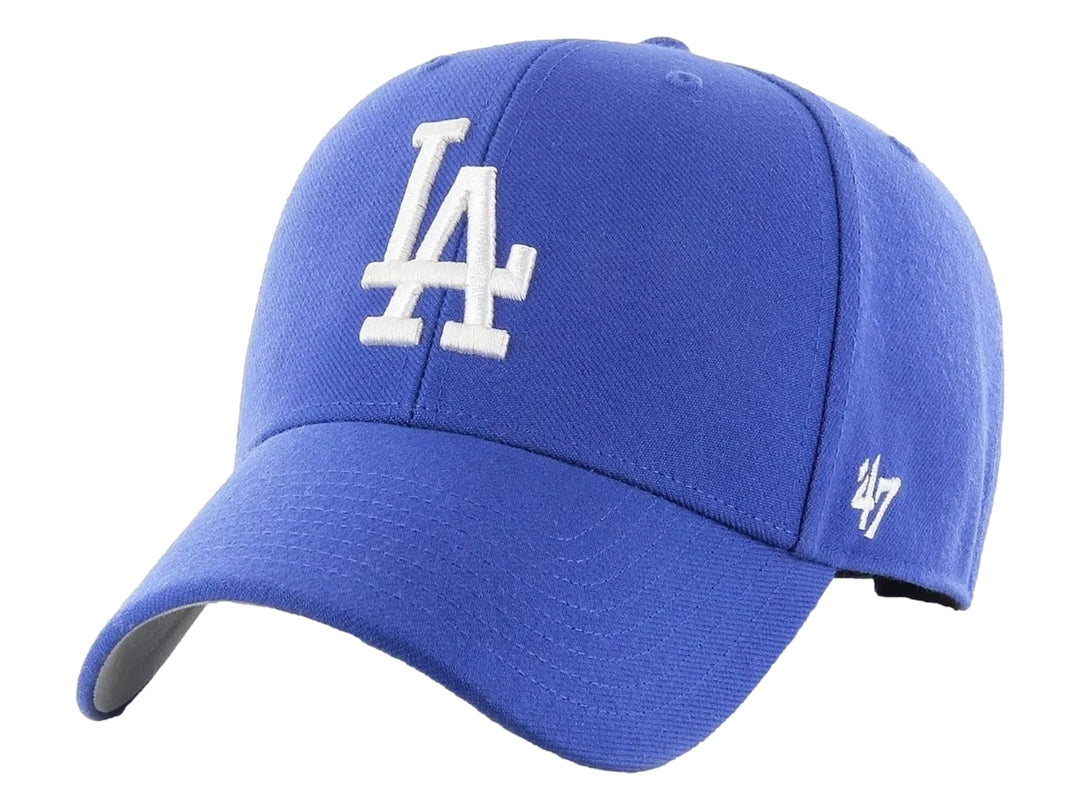 Gorra de béisbol color azul royal con logo bordado en blanco de los Los Angeles Dodgers y detalle lateral 47 Brand.