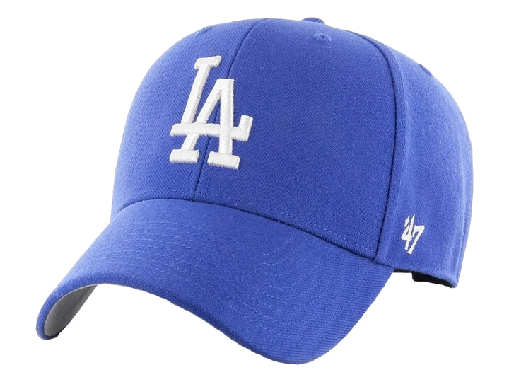Gorra de béisbol color azul royal con logo bordado en blanco de los Los Angeles Dodgers y detalle lateral 47 Brand.