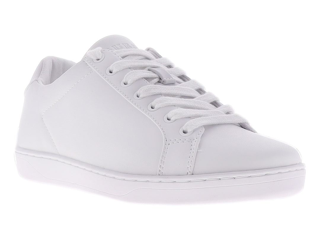 Tenis Guess color blanco total, diseño casual de perfil bajo con cordones y suela blanca.