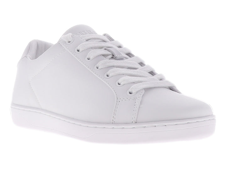 Tenis Guess color blanco total, diseño casual de perfil bajo con cordones y suela blanca.