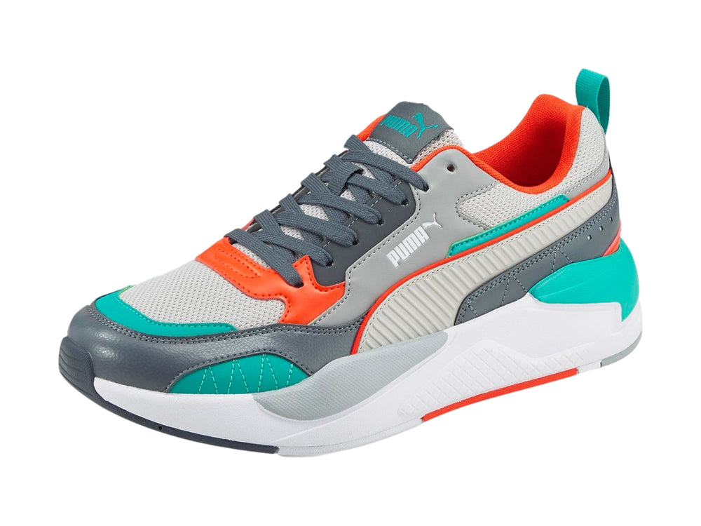 Tenis PUMA X-Ray 2 Square en colores gris, blanco, naranja y turquesa con suela blanca robusta.