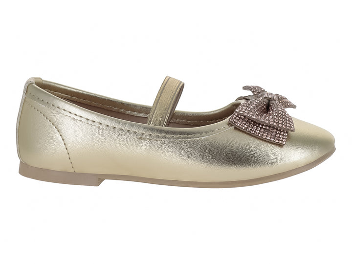 Zapato plano color oro con moño brillante y correa para niña.
