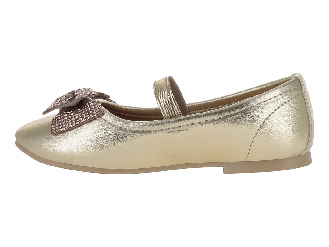 Zapato plano color oro con moño brillante y correa para niña.