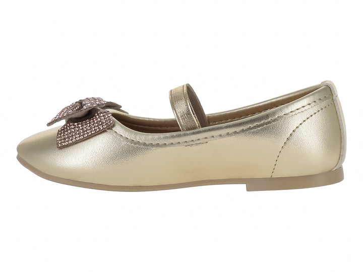 Zapato plano color oro con moño brillante y correa para niña.