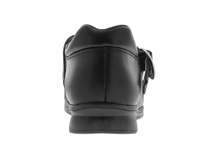 Zapato negro para niña con correa, hebilla plateada y un pequeño moño decorativo al frente.