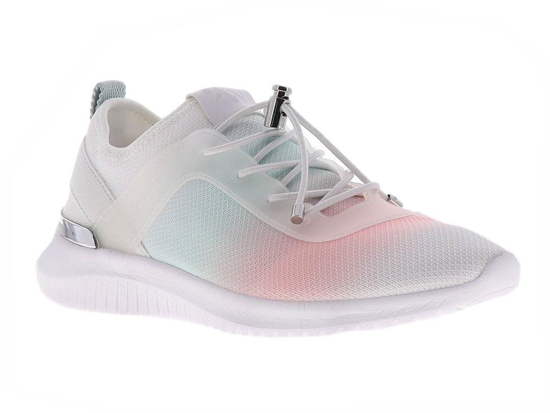 Tenis blancos con diseño degradado en rosa y azul, suela blanca y detalles plateados.
