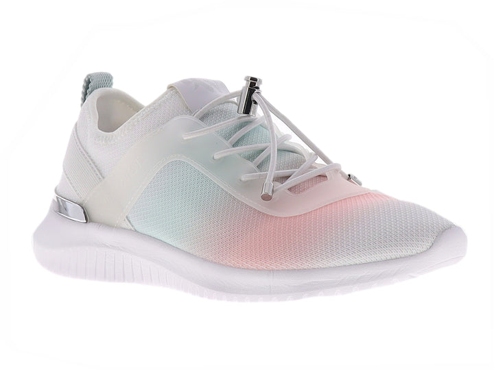 Tenis blancos con diseño degradado en rosa y azul, suela blanca y detalles plateados.