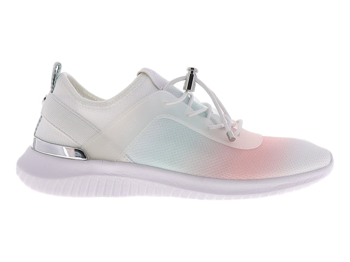 Tenis blancos con diseño degradado en rosa y azul, suela blanca y detalles plateados.