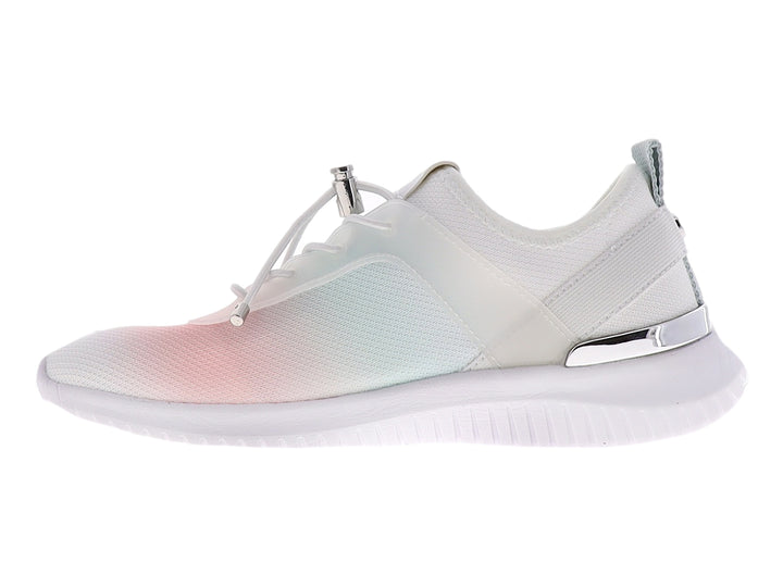 Tenis blancos con diseño degradado en rosa y azul, suela blanca y detalles plateados.