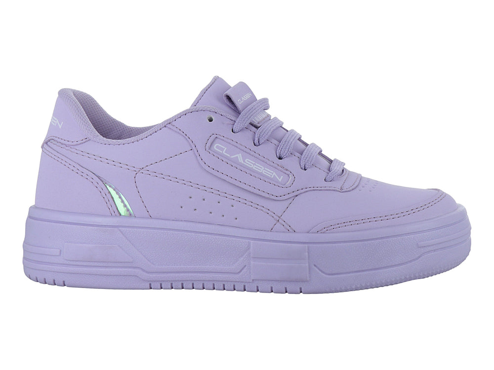 Tenis color lila de la marca Clasben con suela de plataforma y agujetas del mismo color.