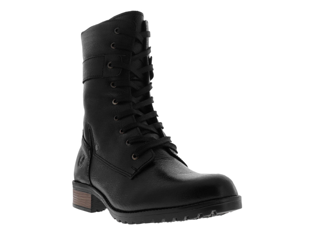 Bota de cuero color negro con agujetas y caña alta de la marca Nevada.