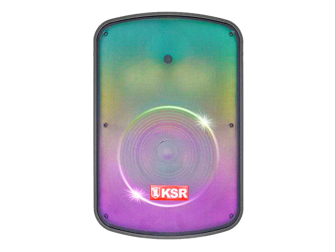 Bocina Kaiser Mitzu negra con rejilla frontal iluminada en colores multicolor y logotipo KSR en rojo.