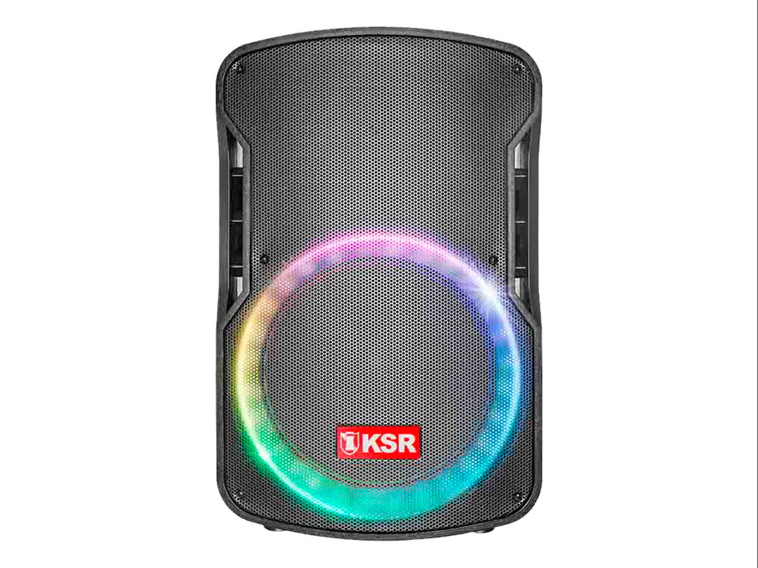 Bocina Kaiser Mitzu negra de 15 pulgadas con un aro de luces LED multicolores en el centro.