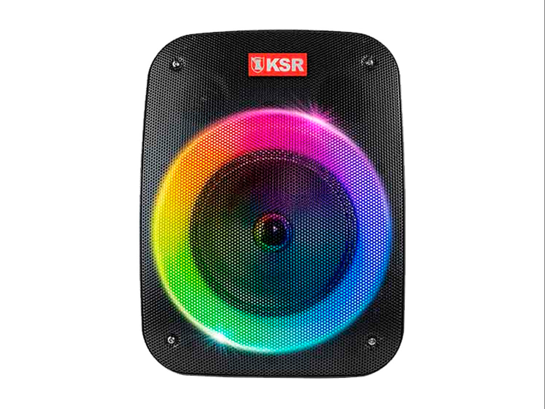 Bocina Kaiser Mitzu negra con aro de luz LED multicolor y rejilla protectora frontal.