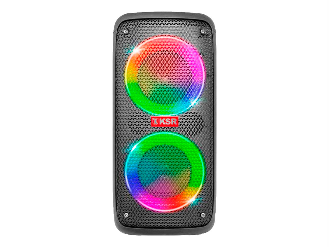 Bocina Kaiser Mitzu negra con dos altavoces iluminados con luces LED multicolores y rejilla frontal.