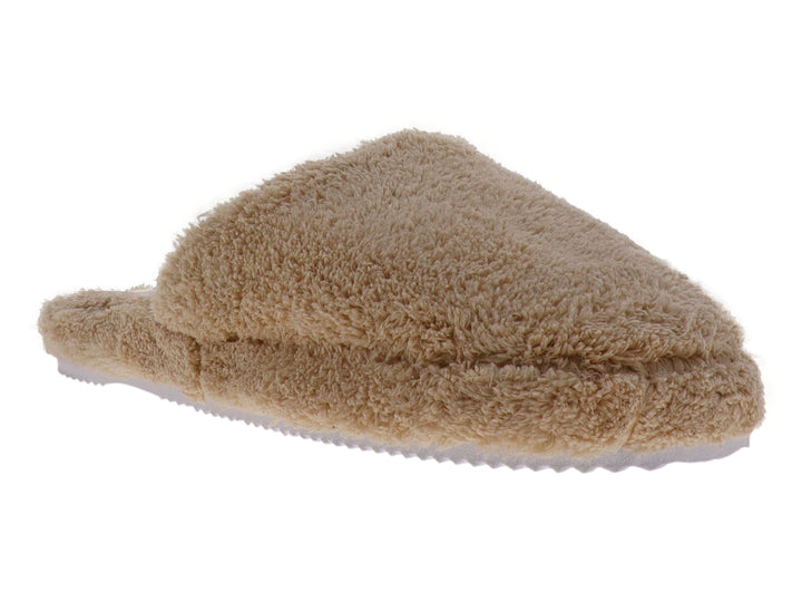 Pantufla de material peludo en color beige para uso interior.