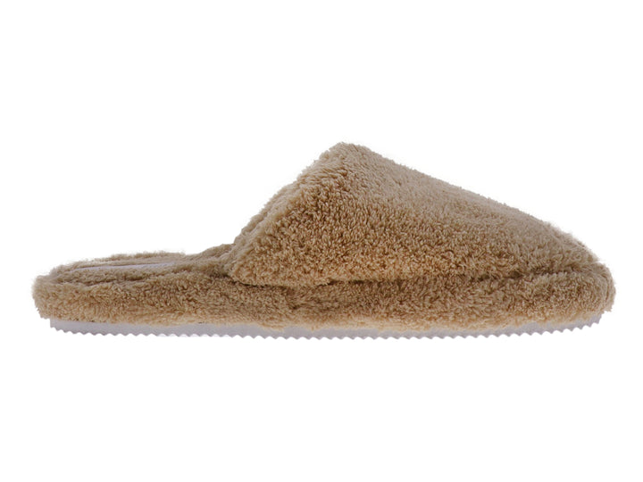 Pantufla de material peludo en color beige para uso interior.