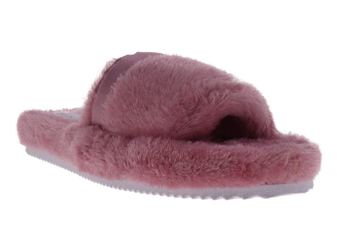 Pantufla abierta de color rosa palo con textura de peluche y suela blanca.