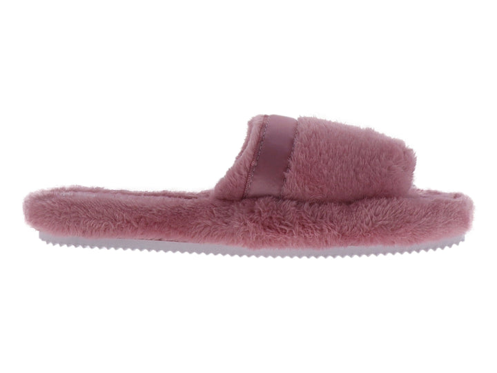 Pantufla abierta de color rosa palo con textura de peluche y suela blanca.