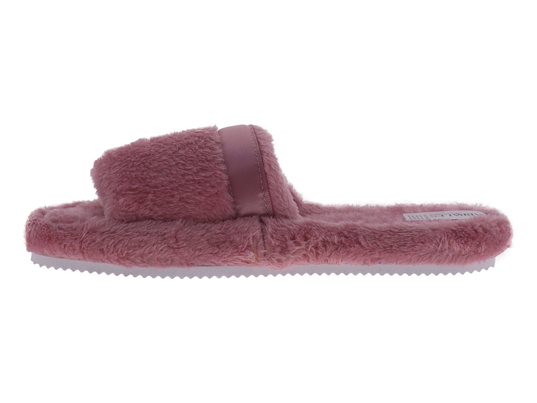 Pantufla abierta de color rosa palo con textura de peluche y suela blanca.