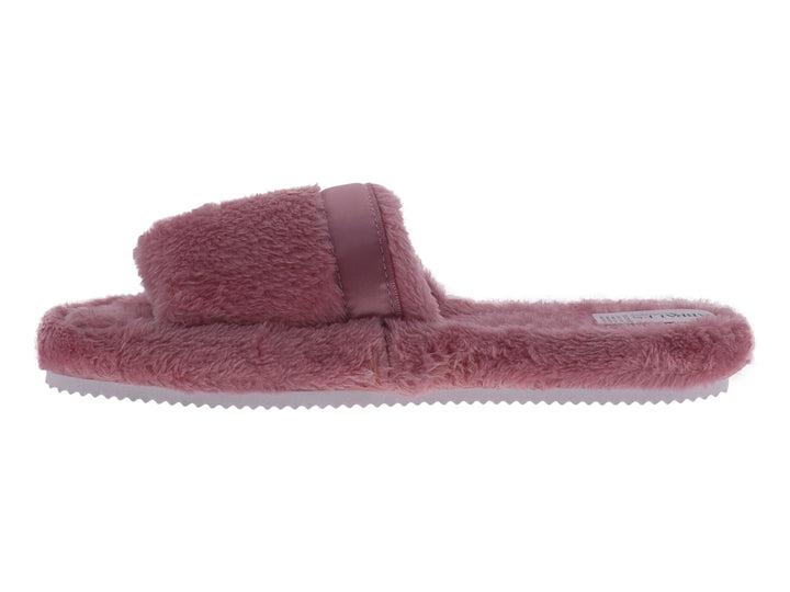 Pantufla abierta de color rosa palo con textura de peluche y suela blanca.