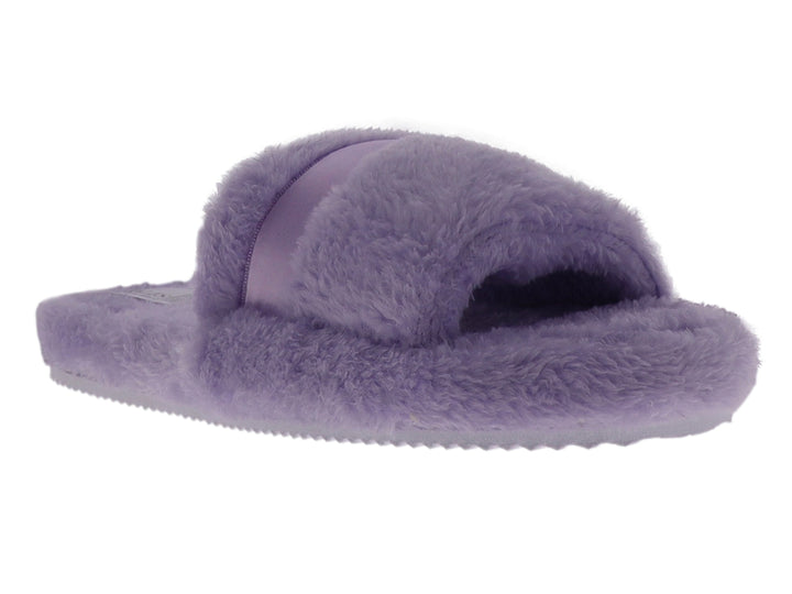 Pantufla de color lila con textura de peluche suave y diseño abierto.