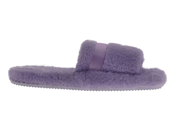 Pantufla de color lila con textura de peluche suave y diseño abierto.