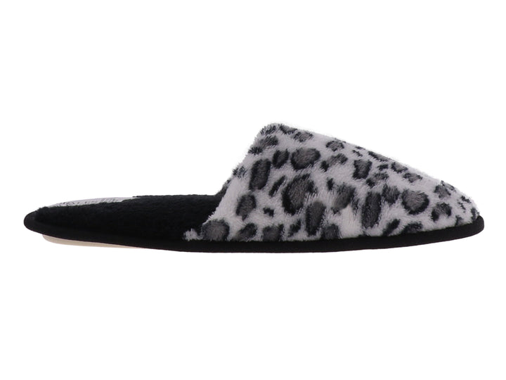 Pantufla abierta de color gris con estampado de leopardo y textura suave y peluda.