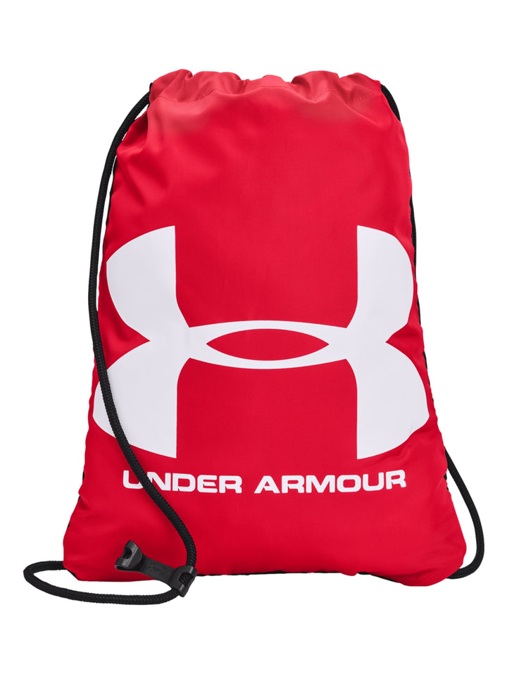 Mochila de cordones Under Armour color rojo con logotipo blanco frontal.
