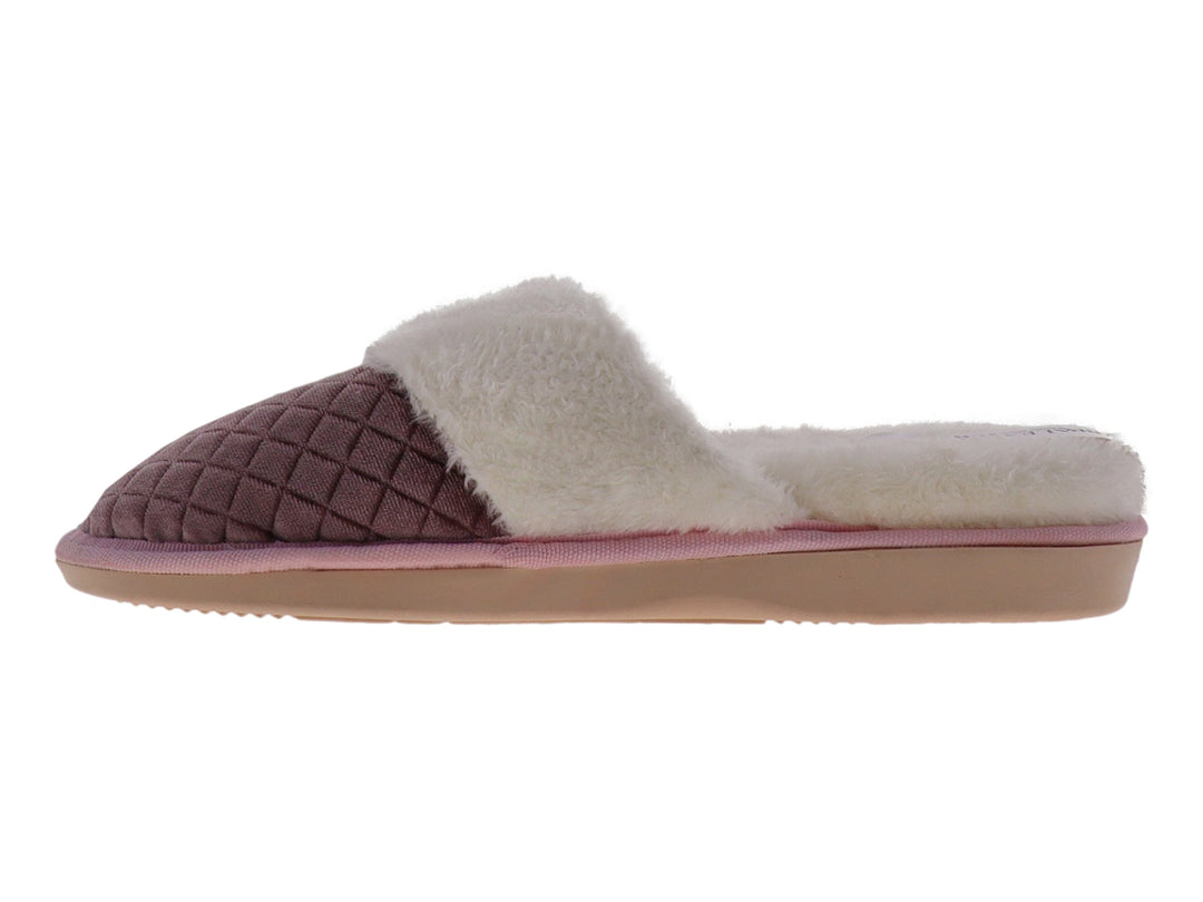 Pantufla rosa de terciopelo acolchado con borde blanco de peluche y un pequeño moño decorativo.