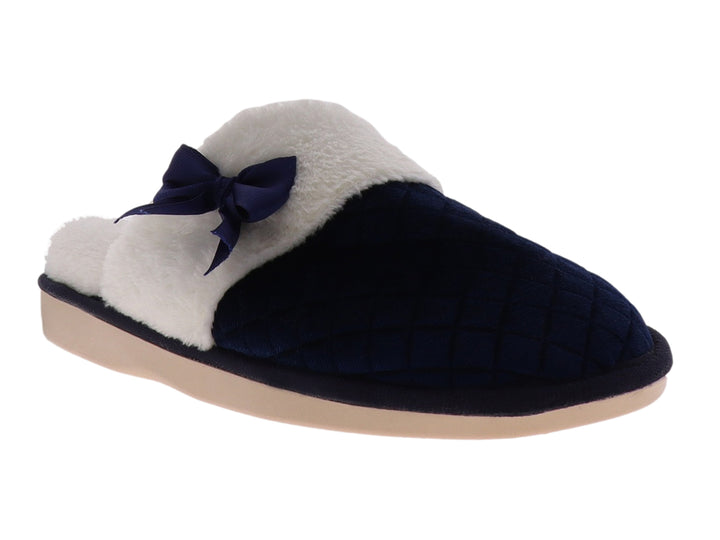 Pantuflas de terciopelo acolchado color marino con interior blanco y un moño decorativo en la parte superior.