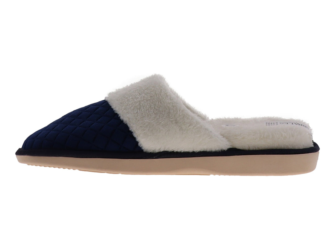 Pantuflas de terciopelo acolchado color marino con interior blanco y un moño decorativo en la parte superior.