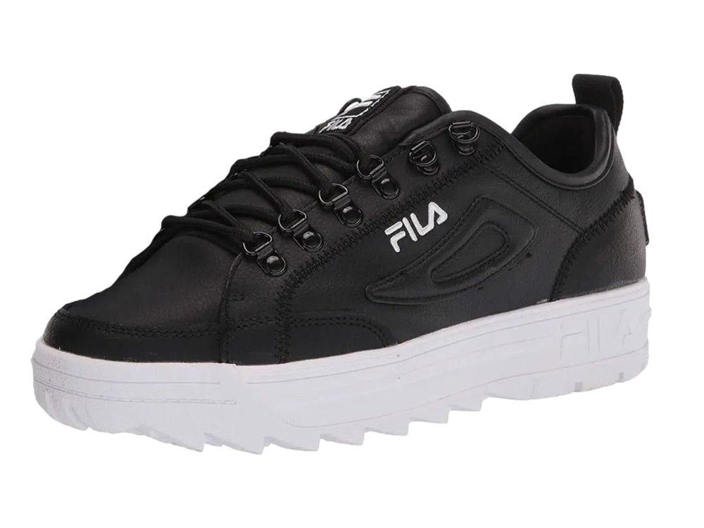 Tenis FILA Disruptor Court en color negro con suela blanca de plataforma y relieve dentado.