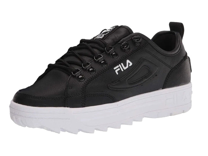 Tenis FILA Disruptor Court en color negro con suela blanca de plataforma y relieve dentado.