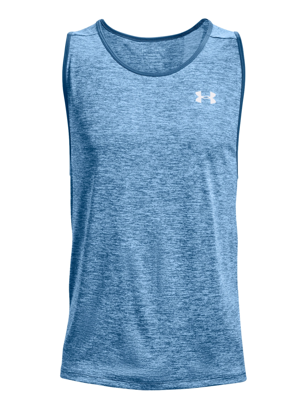 Hombre vistiendo una camiseta sin mangas Under Armour color azul jaspeado para deporte.