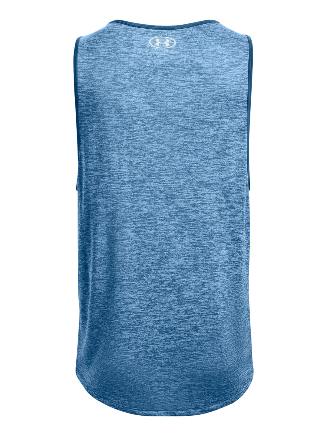 Hombre vistiendo una camiseta sin mangas Under Armour color azul jaspeado para deporte.