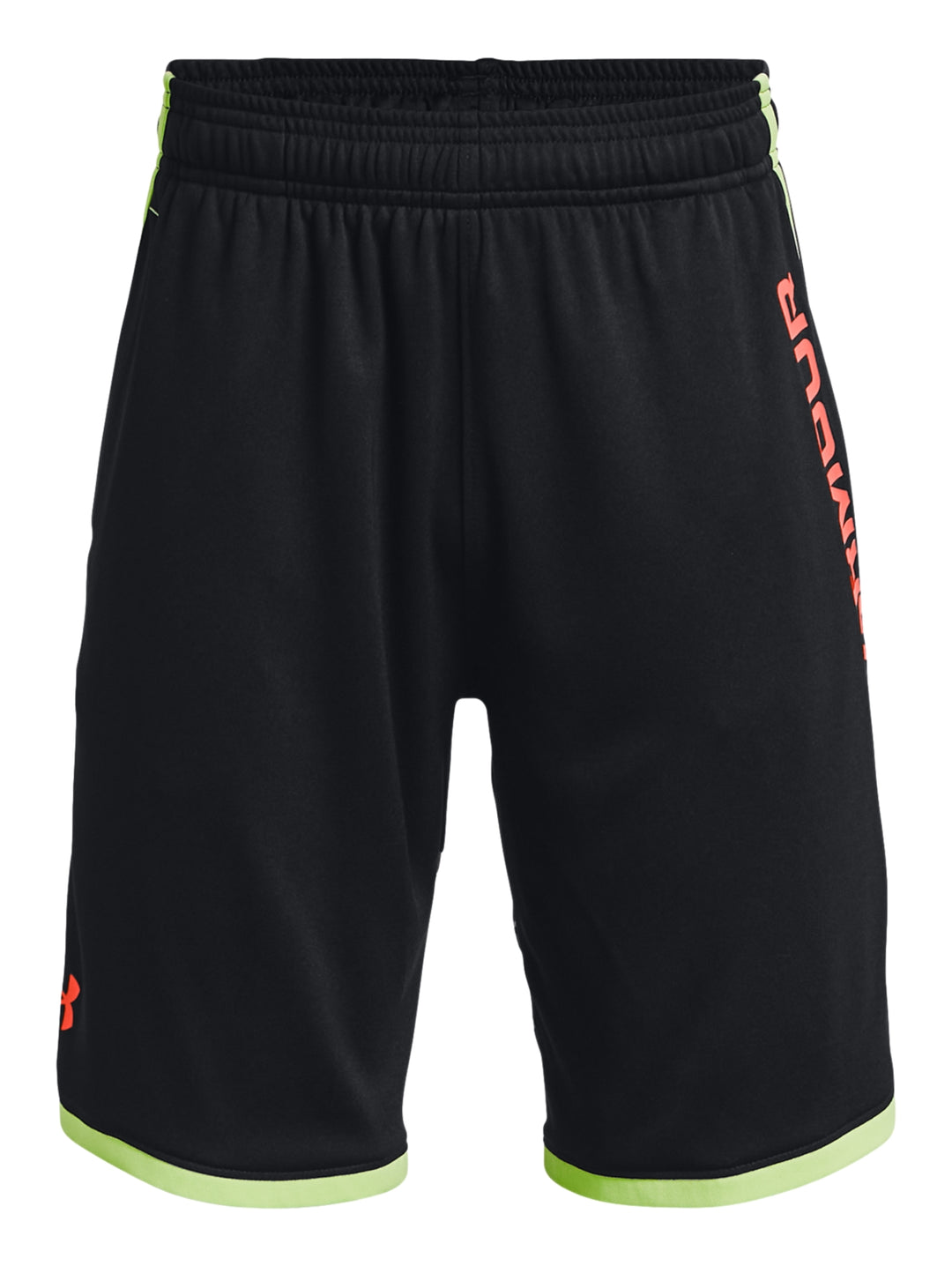 Shorts deportivos Under Armour color negro con detalles en verde neón y rojo en los costados.