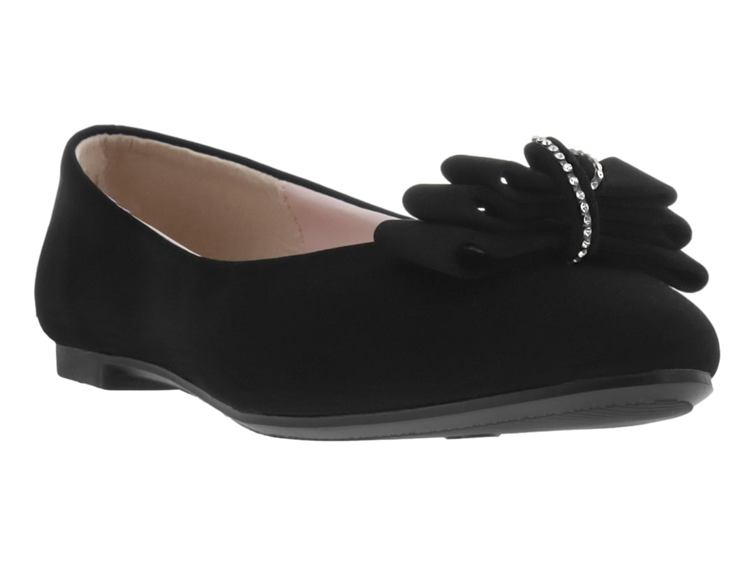 Zapato plano negro con moño decorativo y detalles de pedrería plateada.