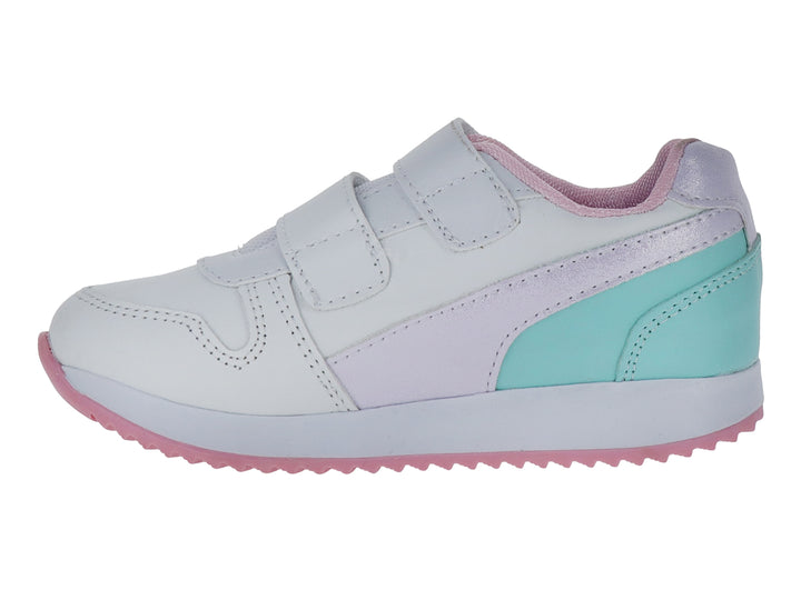 Zapato para Niña blanco con detalles en lila y verde menta, cierre de velcro y suela rosa.