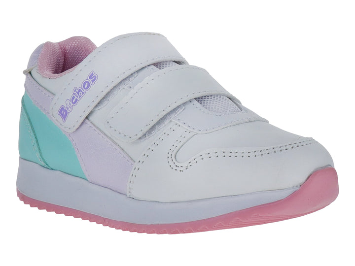 Zapato infantil blanco con detalles en lila y verde menta, suela rosa y cierre de velcro.
