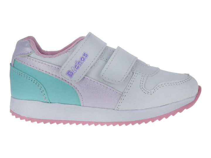 Zapato infantil blanco con detalles en lila y verde menta, suela rosa y cierre de velcro.