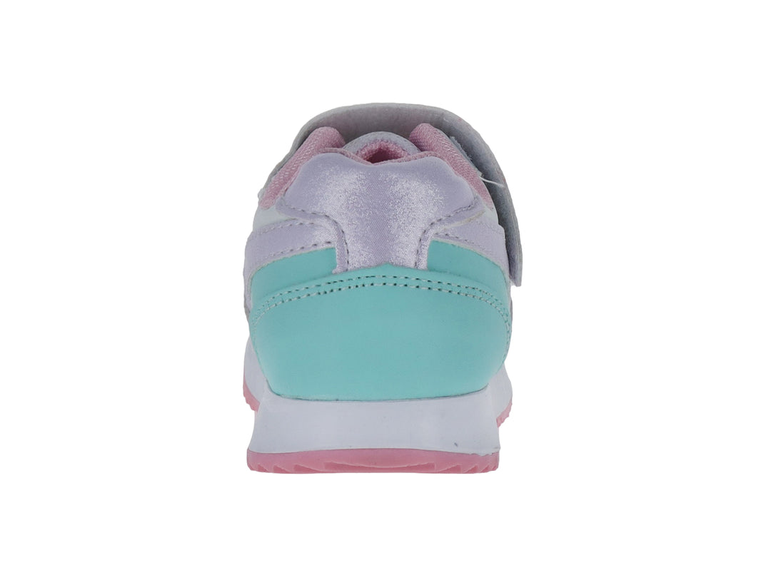 Zapato infantil blanco con detalles en lila y verde menta, suela rosa y cierre de velcro.