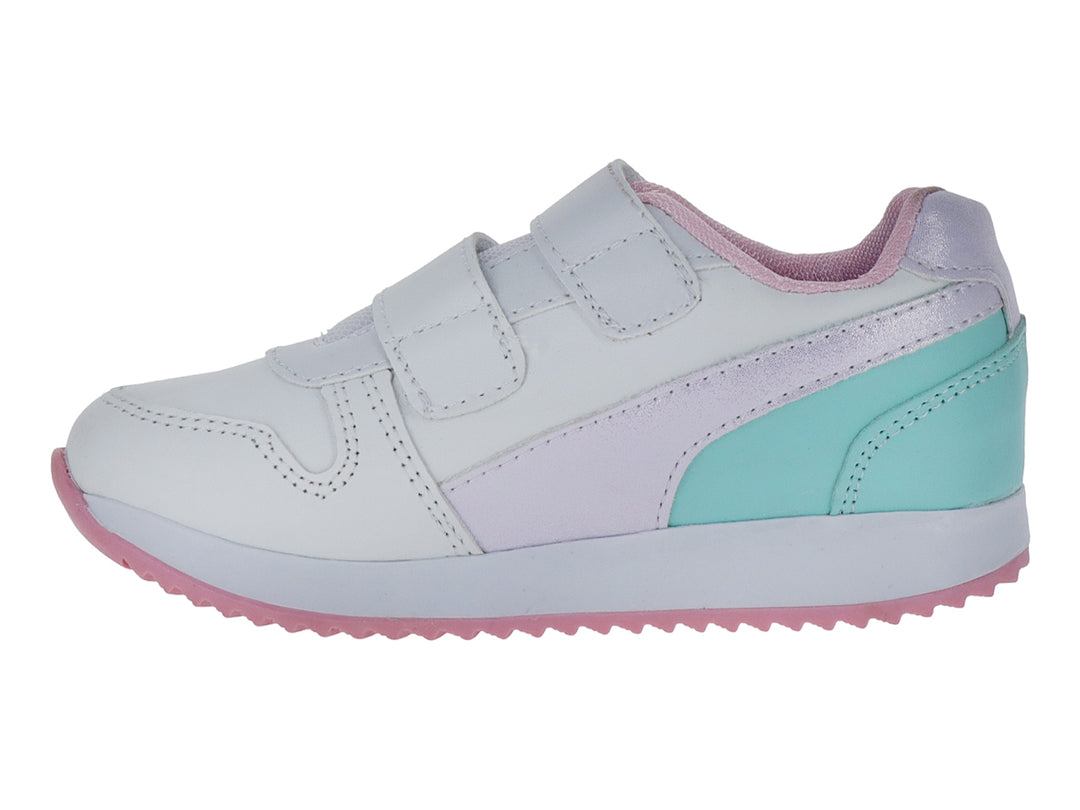 Zapato infantil blanco con detalles en lila y verde menta, suela rosa y cierre de velcro.