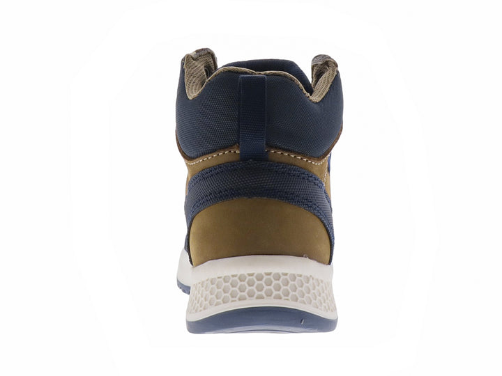 Bota para niño marca Nevada en colores biscuit y azul marino con suela blanca y cordones.